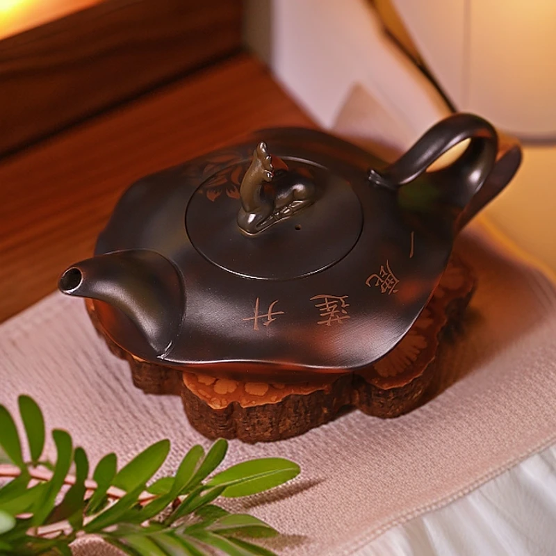 紫陶一鹿莲升壶大容量家用中式手工茶壶家用复古紫陶壶