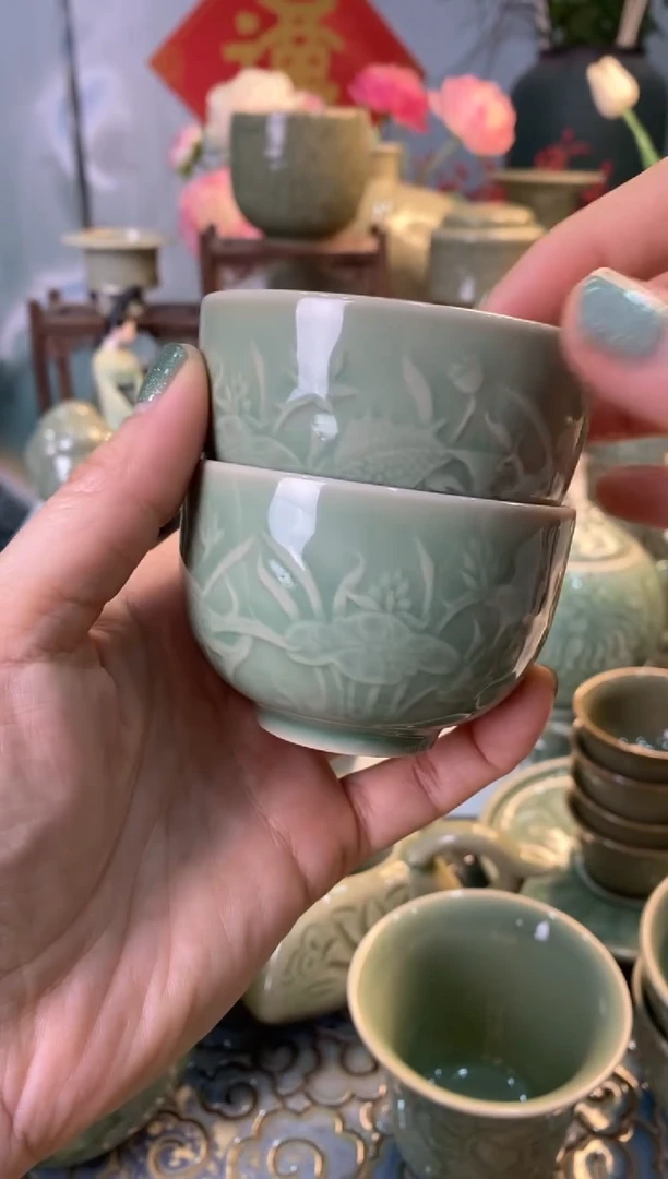 【闪购商品】微瑕开片TS041莲纹鱼小缸杯【2只】