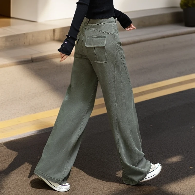 美式复古拼接设计感工装牛仔裤女2025春季新款军绿色裤子女阔腿裤