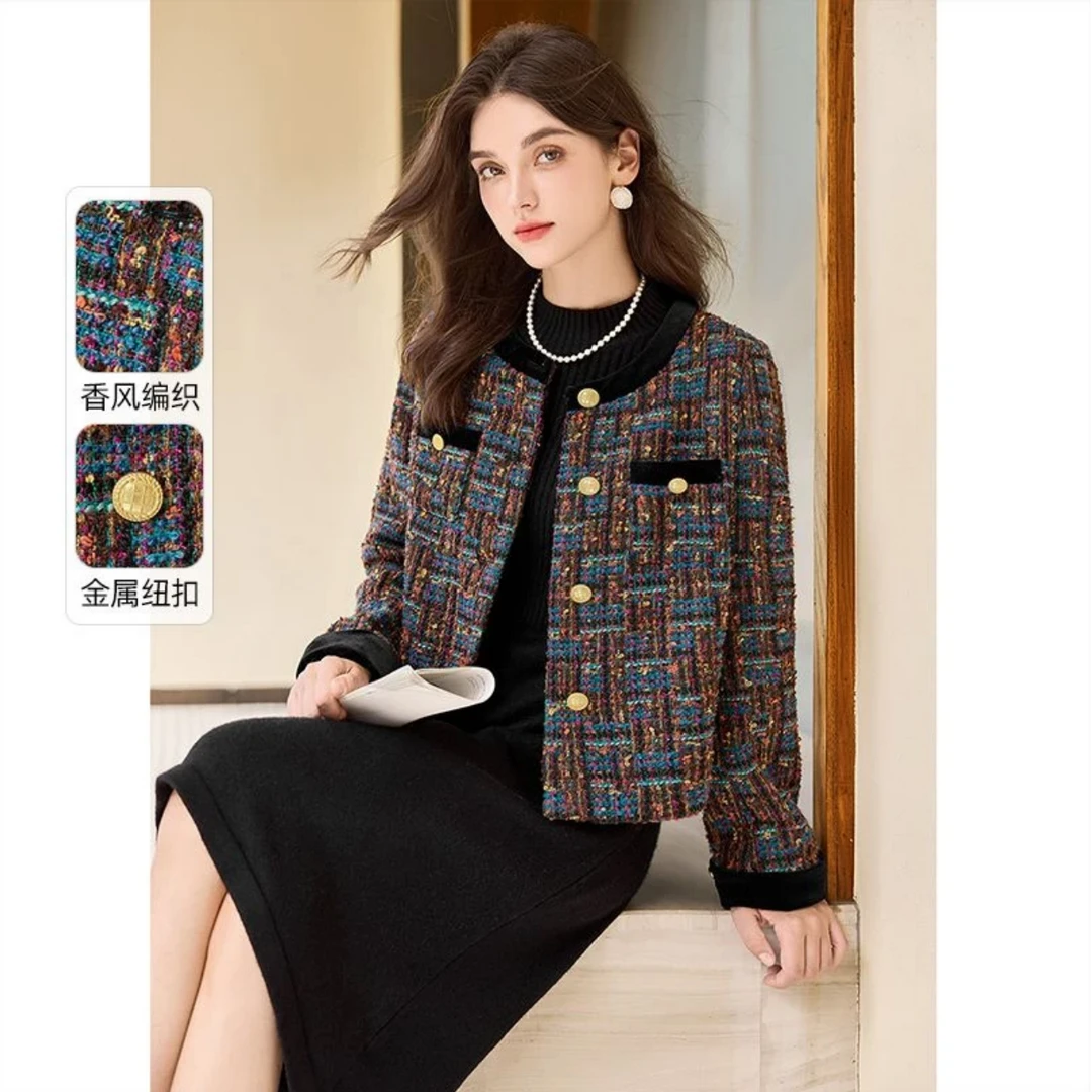 W150圆领常规春季女小香风格子短外套时尚上衣秋冬百搭短款显瘦