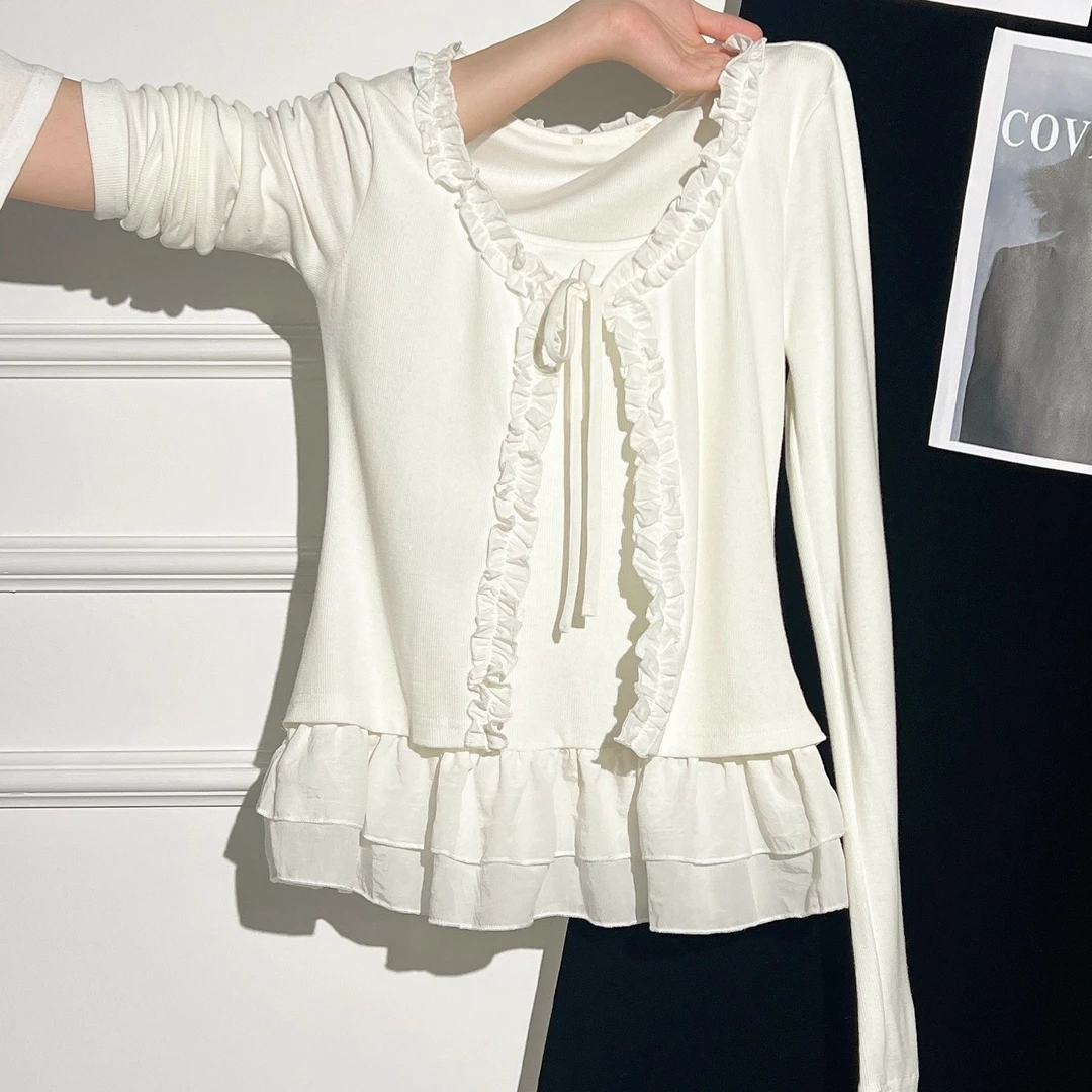 MISU/糜素甜美假两件木耳边拼接内搭长袖T恤初秋小众别致绝美上衣