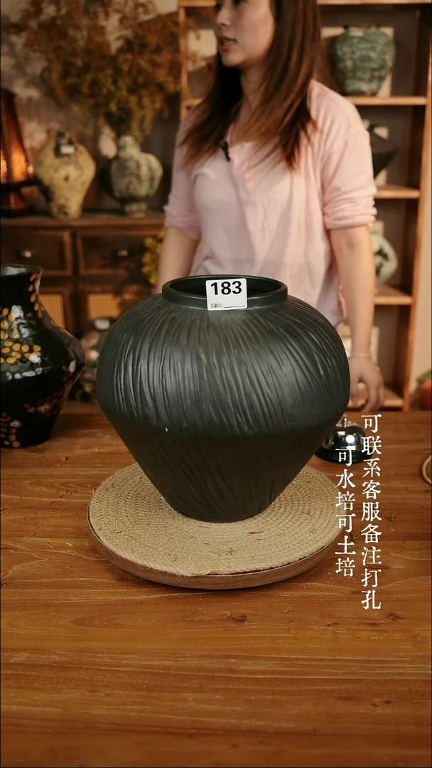 摆件陶183乌金黑色大肚瓶可水培可土培