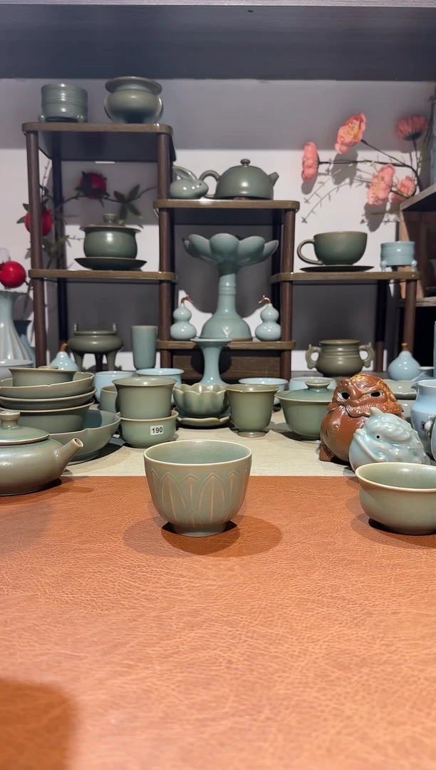 杯子瓷纯柴烧 复刻莲纹式杯 主人杯品茗杯 青绿釉