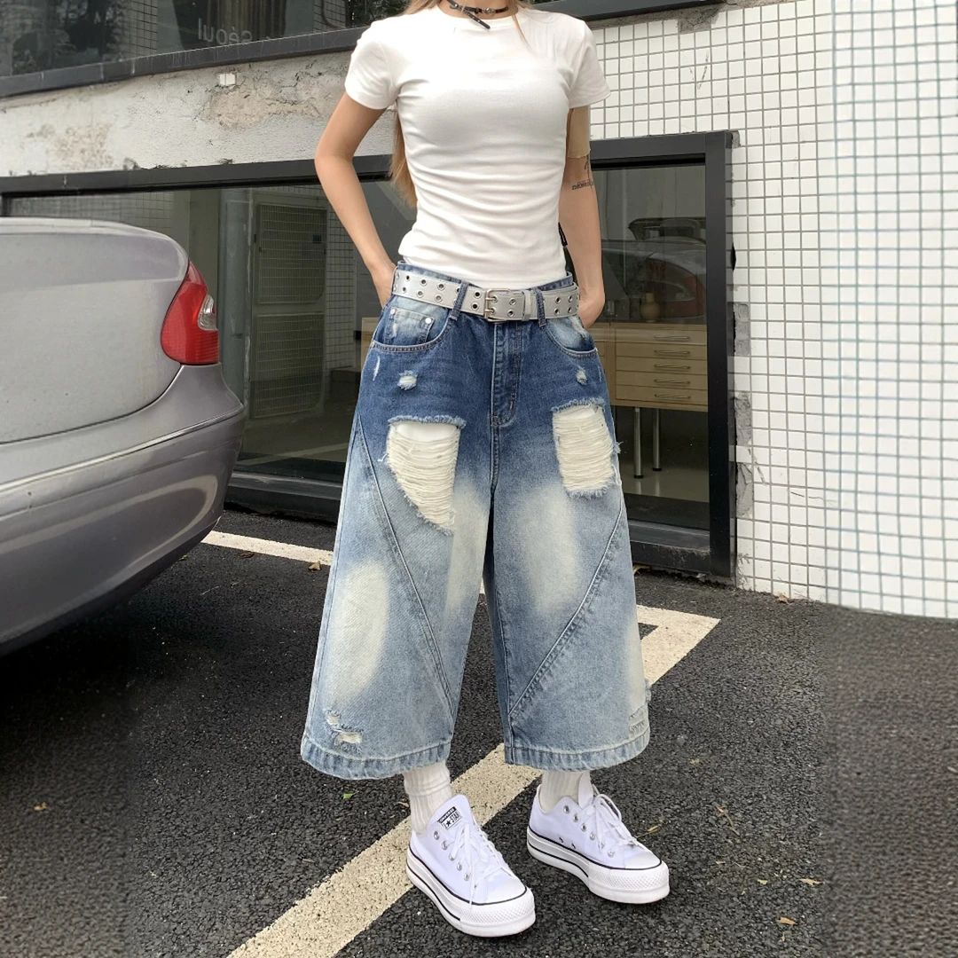 大码美式复古破洞七分牛仔裤女设计感百搭宽松高腰直筒阔腿裤子潮