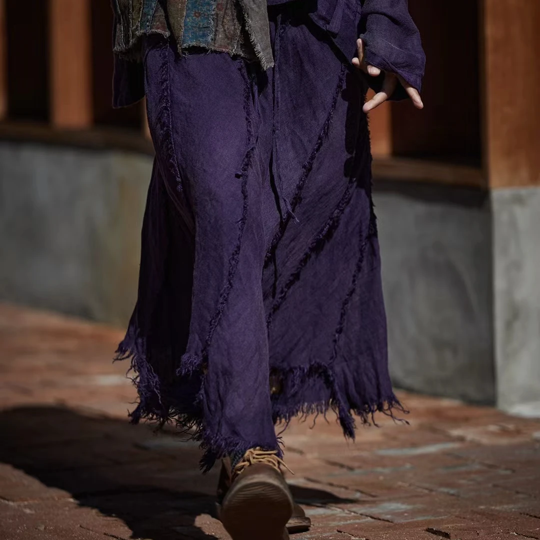 麻依者24秋季新款植物染亚麻手工做旧时尚百搭文艺复古半身裙1308