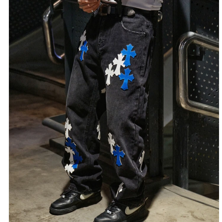 十字架春夏美式高街男宽松直筒潮牌痞帅休闲阔腿子潮流百搭牛仔裤