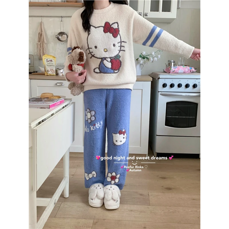 日系软绵绵半边绒可爱猫咪宽松圆领加厚保暖睡衣家居服套装可外穿