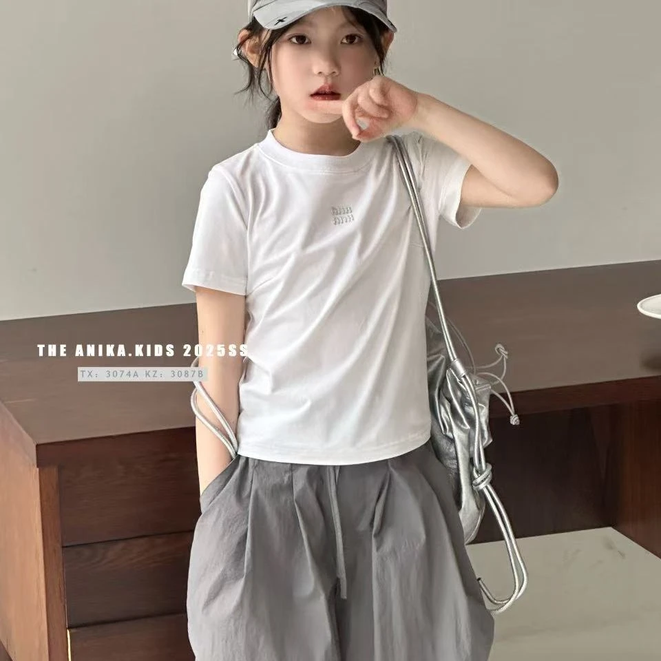 ANIKA圆领短袖百搭T恤白色上衣夏季女童短款洋气 韩版修身辣妹