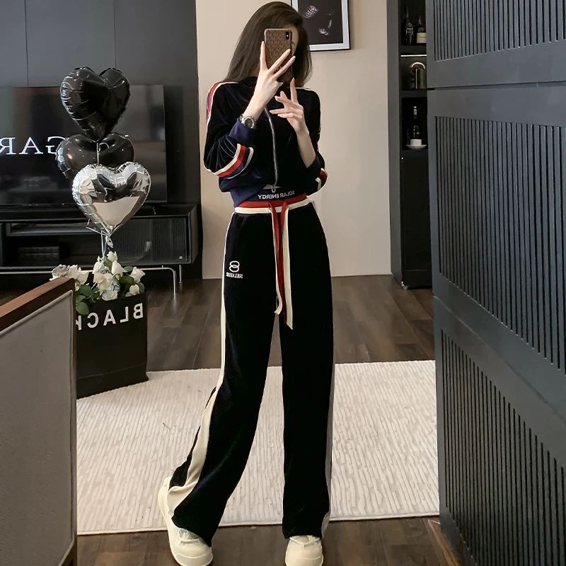 金丝绒新款休闲运动套装女春秋时尚洋气减龄高腰阔腿裤两件套潮