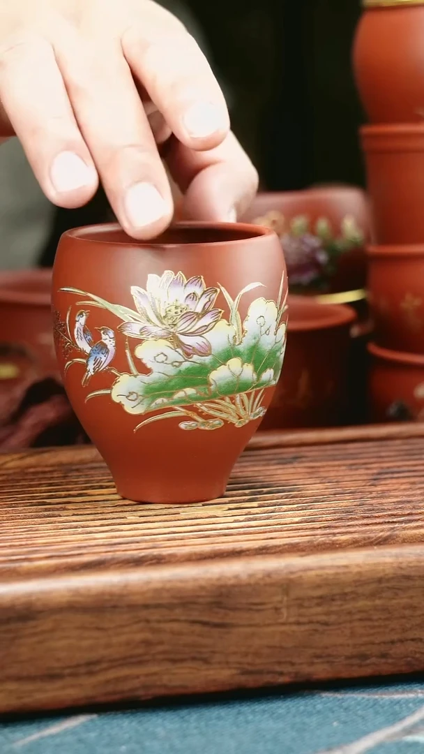 茶杯紫砂珐琅彩荷塘月色