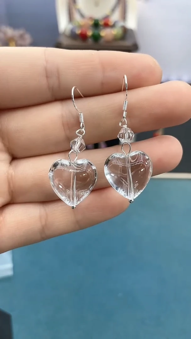 水晶耳饰银S925镶嵌白水晶爱心耳钩