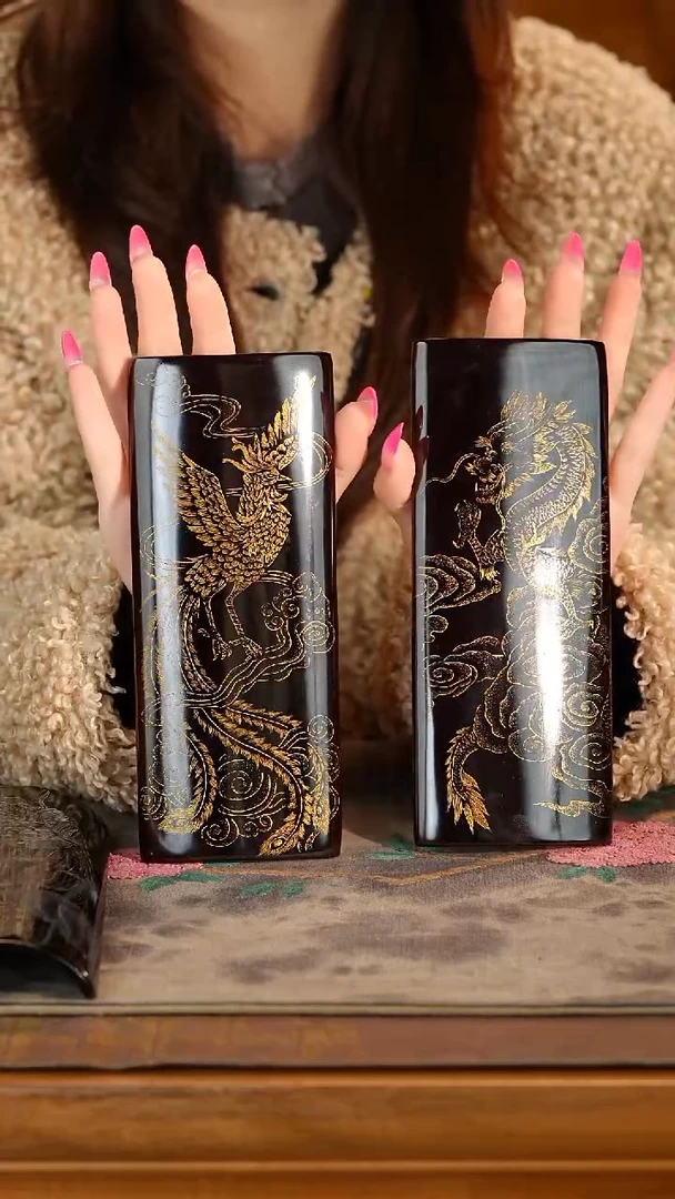 金丝楠原木龙凤呈祥戗金手工绘画茶则