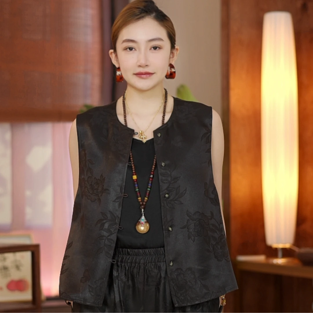 疆 新中式国风 70姆米油锻香云纱 860268休闲 马夹 100桑蚕丝L58