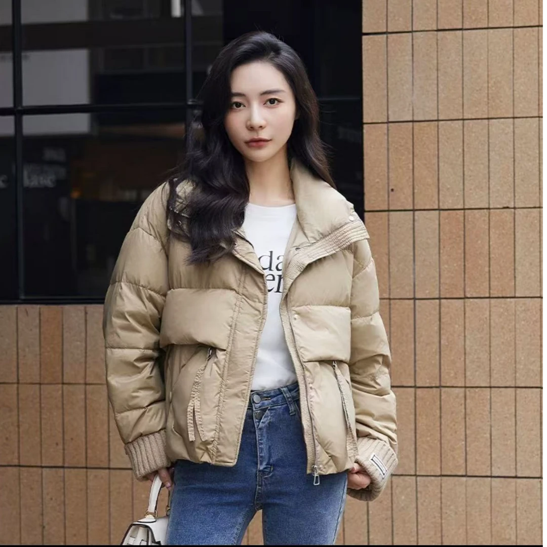 7728-女士五扣针织毛线袖拼接（卡其）羽绒服