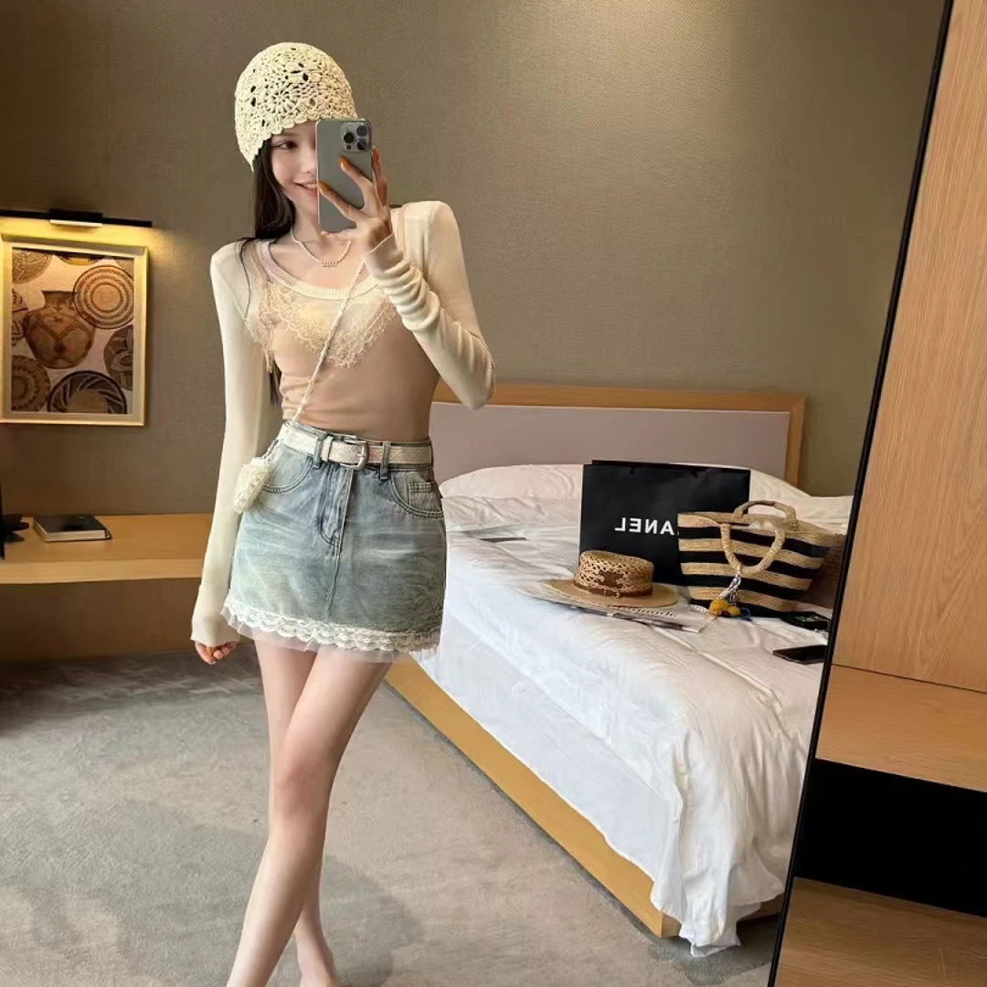 【FF-】高级感法式拼蕾丝白色牛仔半身裙女短裙夏季半裙