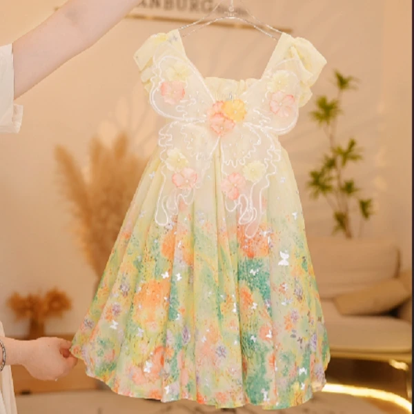 【Y.d3293】2025新款女童蝴蝶结连衣裙女宝公主裙古风仙气小女孩
