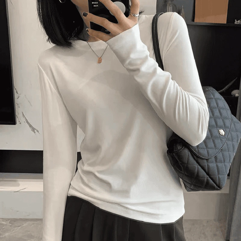 2025年春秋韩版显瘦百搭圆领修身内搭纯色打底衫女装白色长袖T恤