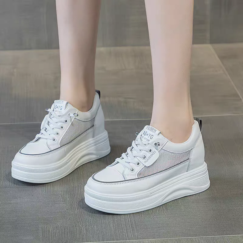 669头层牛皮厚底内增高网面百搭小白鞋