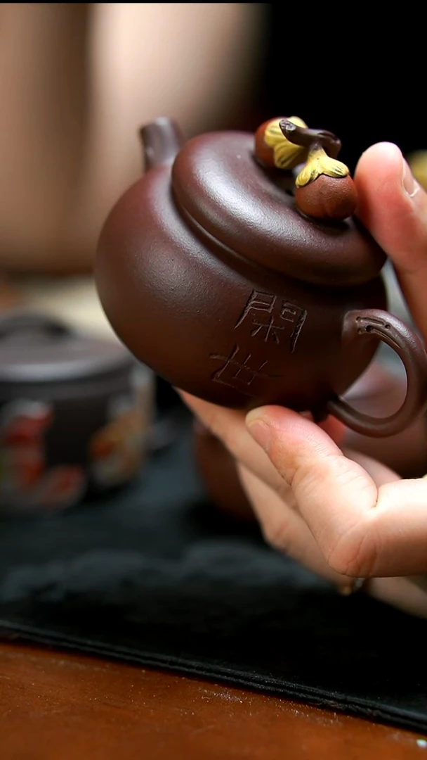 茶壶紫砂紫泥双喜柿小壶