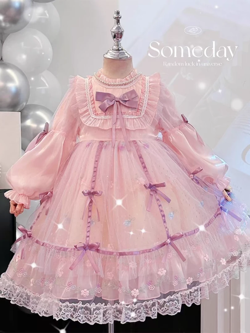 童装蛋糕裙长袖公主裙公主风女童连衣裙女刺绣纯色纱裙童裙