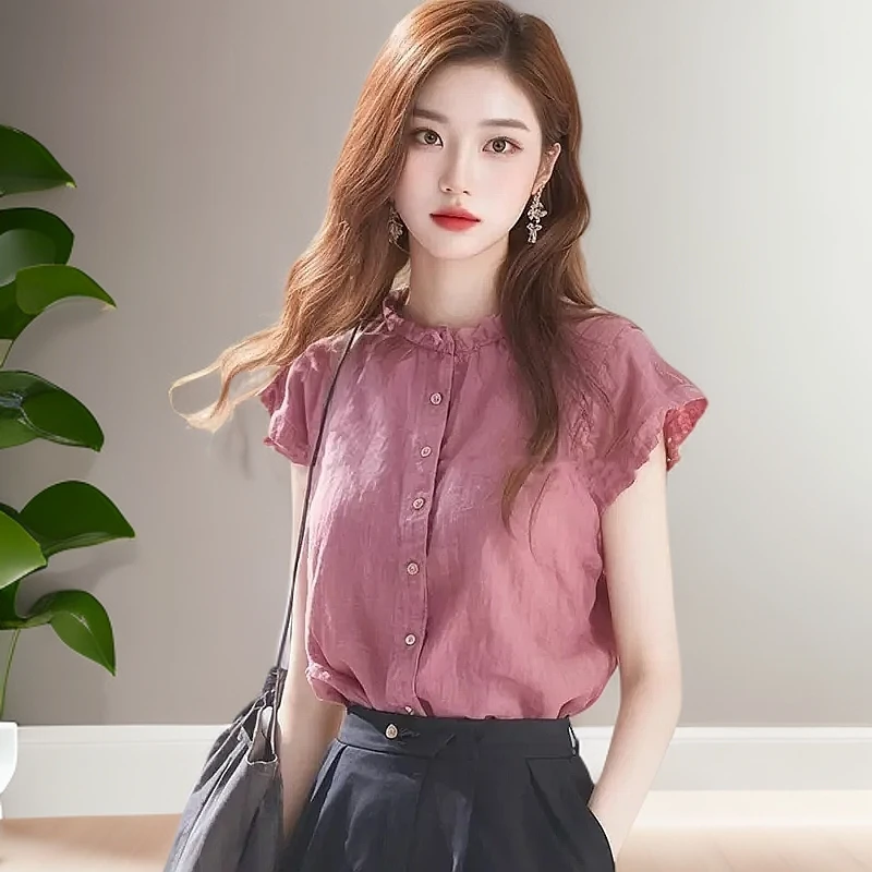 木耳边立领小飞袖衬衫女设计感2025独特别致女款夏季时尚气质显瘦