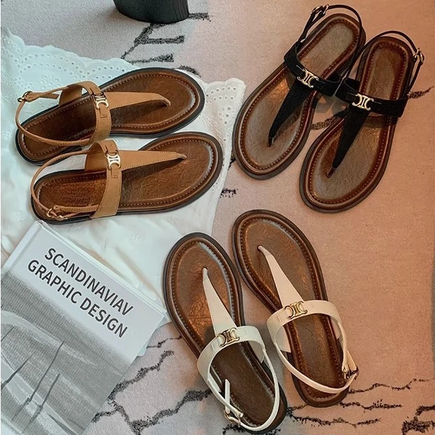 真皮法式凯旋门夹趾平底凉拖鞋女2025新款夏外穿度假风金属扣凉鞋
