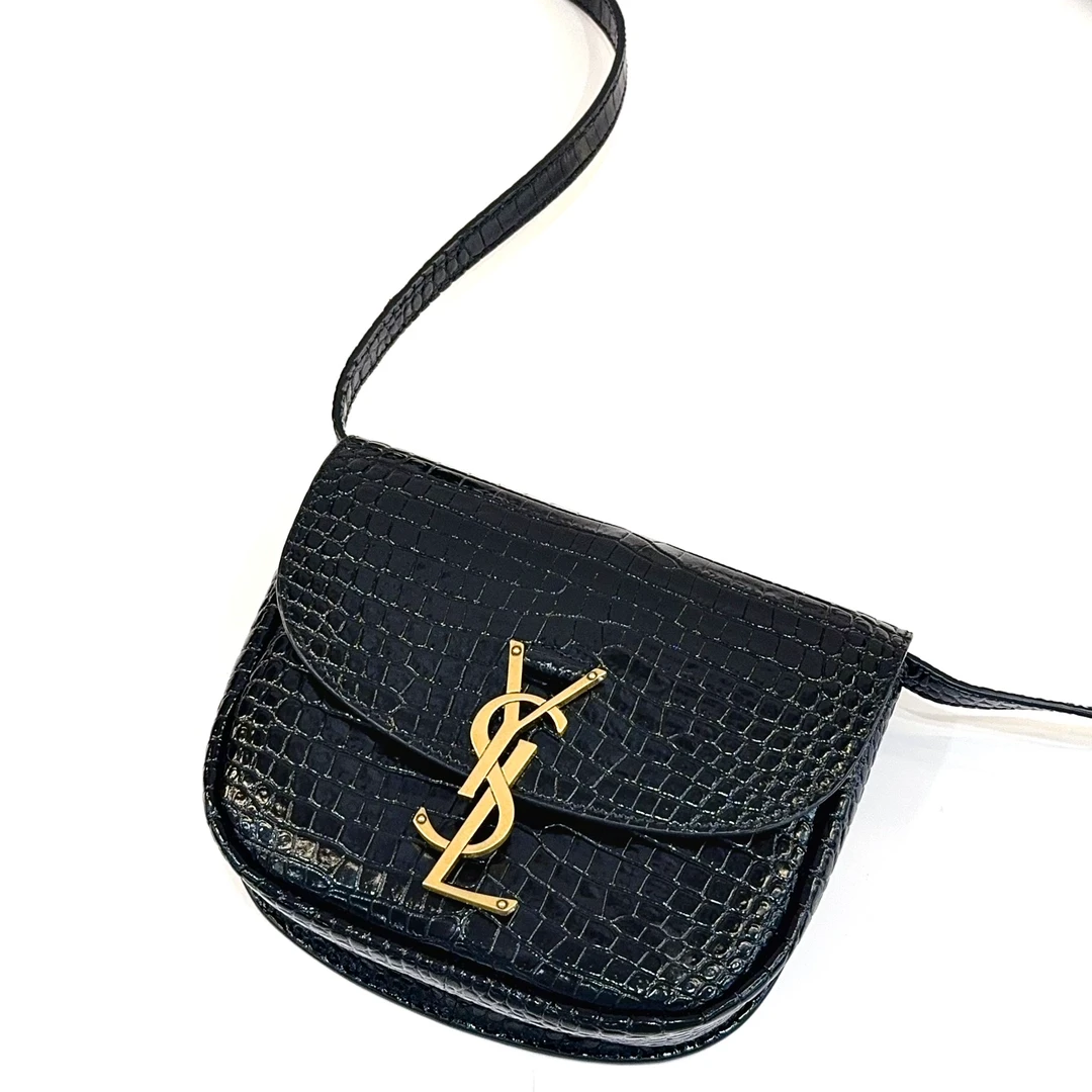 99新 YSL/圣罗兰 蔚蓝/黑金亮面鳄鱼压纹马鞍包