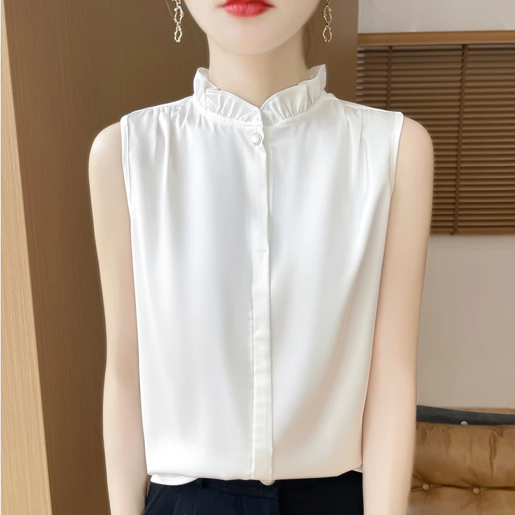 爆款！服装法式立领女装木耳领无袖通勤衬衣女内搭纯色打底上衣