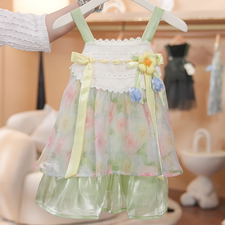 夏季田园清新绿夏日女童设计感立体郁金香无袖连衣裙SL0187