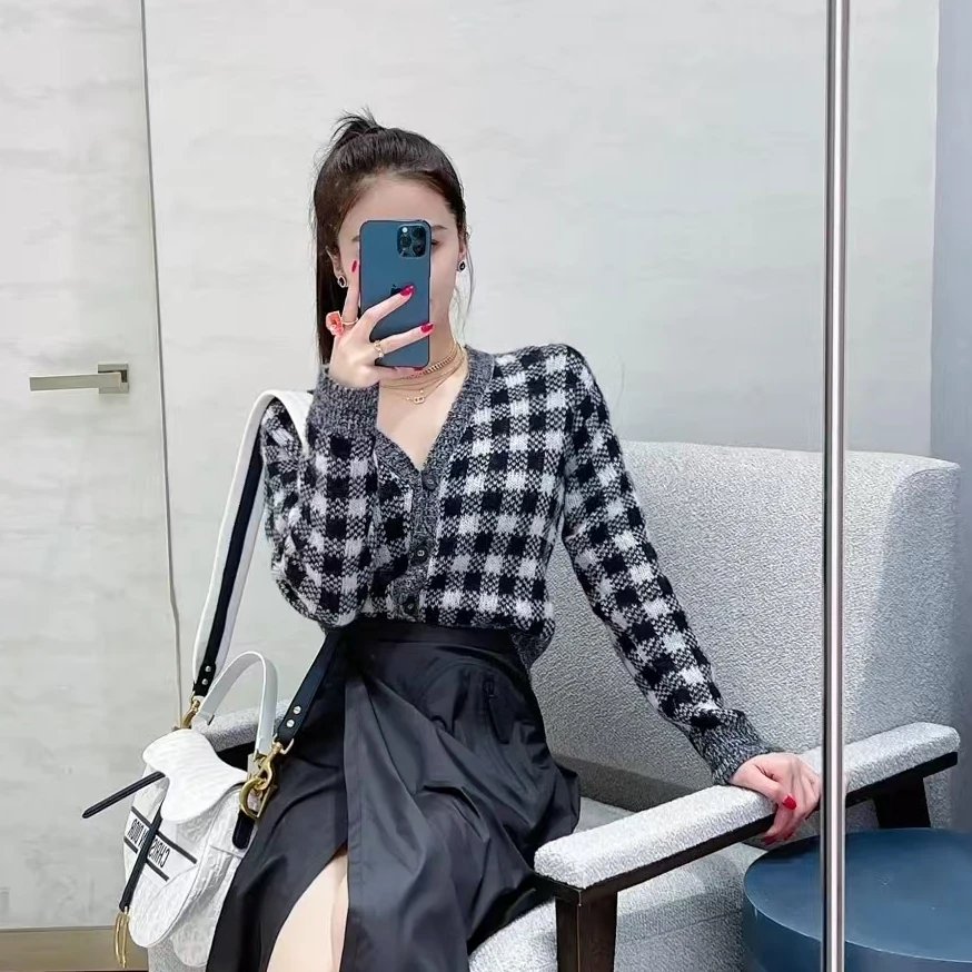 全新未使用 DIOR/迪奥  黑白 格纹 针织开衫