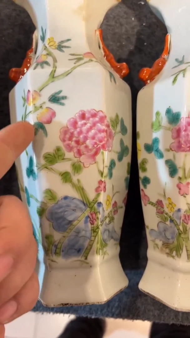 摆件瓷摆件瓷摆件桃子花卉六方瓶