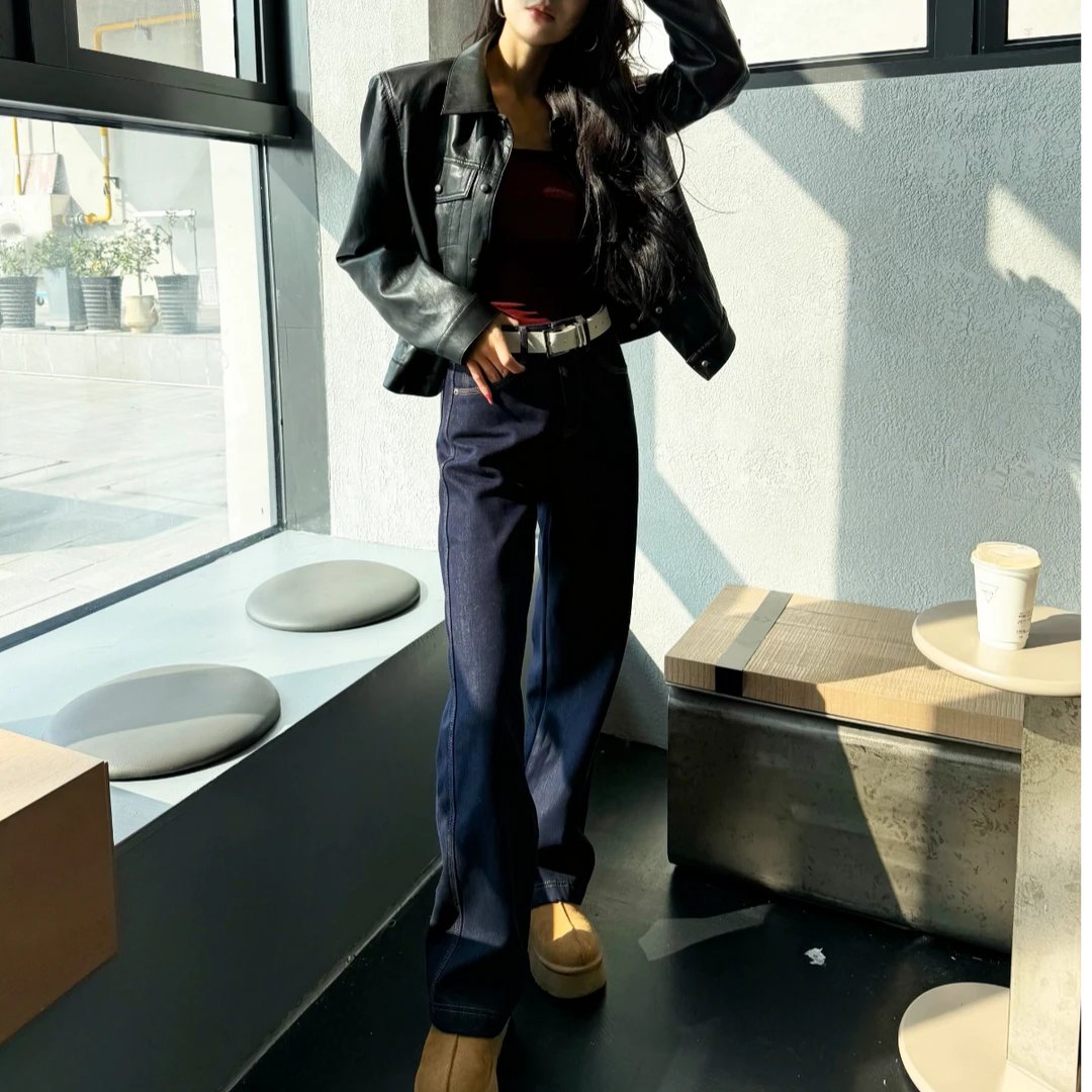 小王家加绒冬季新款裤子女中高腰阔腿裤通勤穿搭琥珀系穿搭