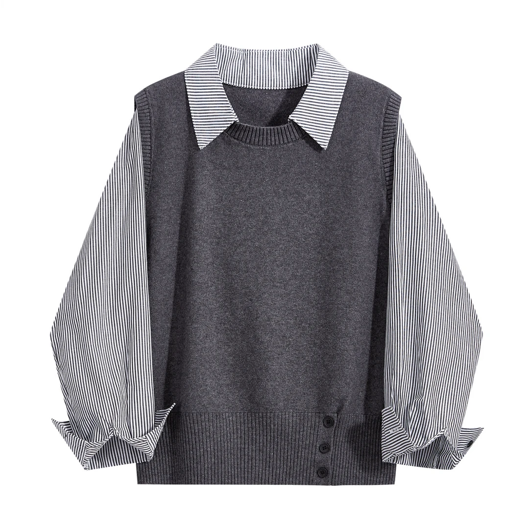 韩系假两件毛衣新款拼接条纹下摆开扣针织衫上衣女简约气质高级感