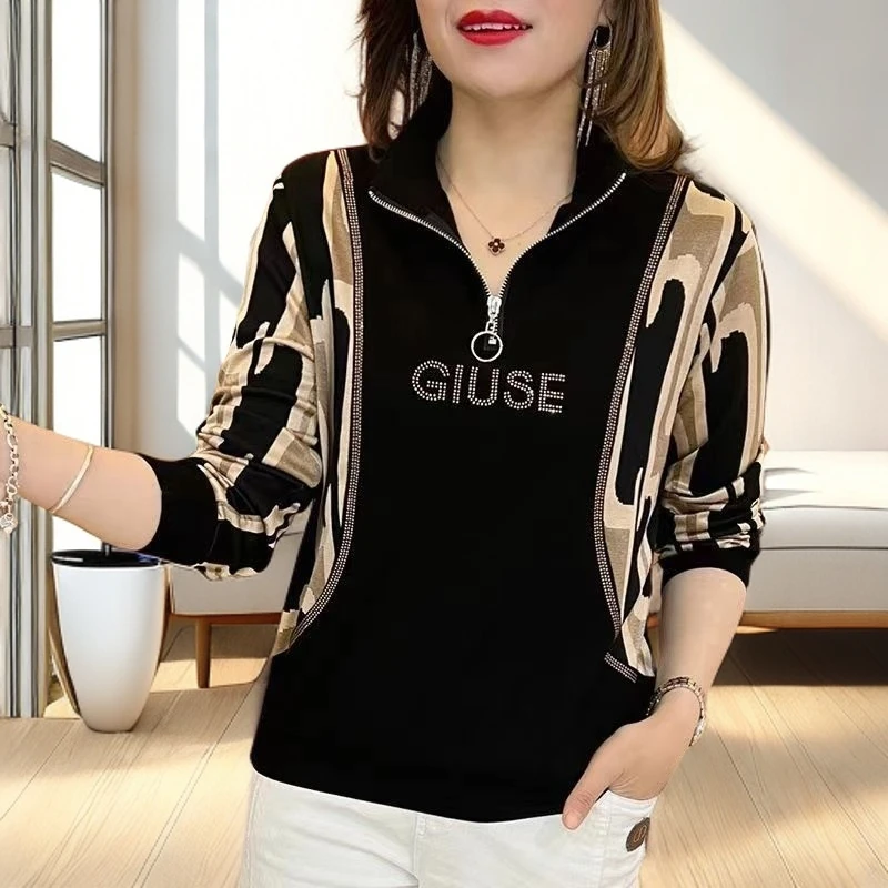 春秋镶钻T恤洋气条纹拼接长袖印花V领字母烫钻气质显瘦时尚休闲
