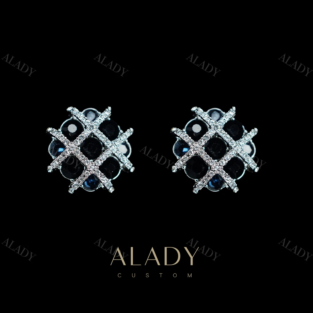 合金合成锆石耳饰 【苍蓝】设计感冰糖镶嵌九宫格气质耳钉