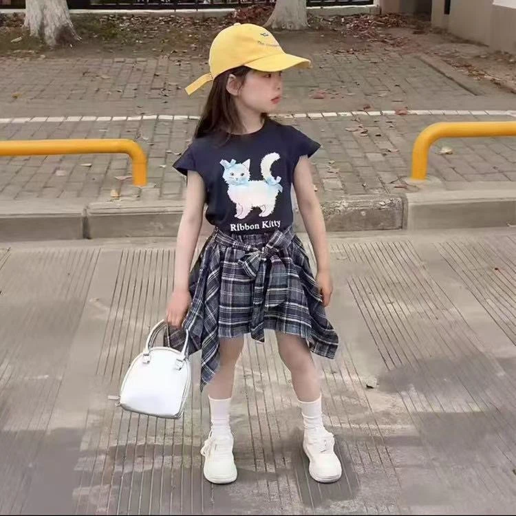 【丫丫童装】2025夏季新款女大童猫套装韩版休闲-L032