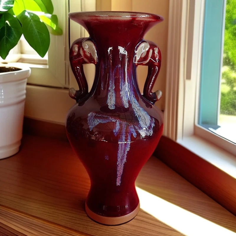 高温窑变自然流釉吉祥双耳陶瓷瓶高35厘米直径17.5厘米客厅书房