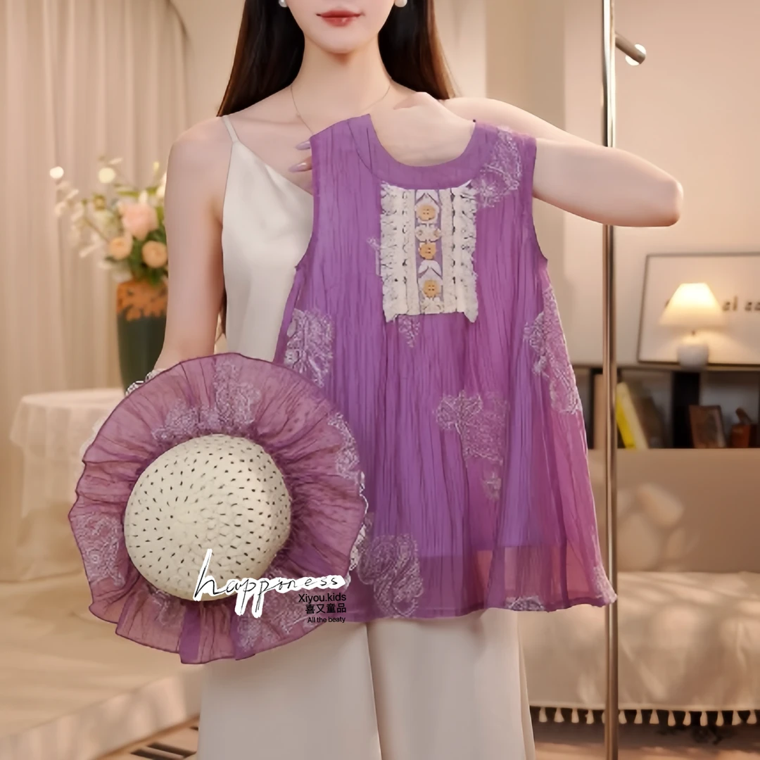 【莺紫】夏季女童新款民族风绣花宽松无袖背心裙公主连衣裙25300