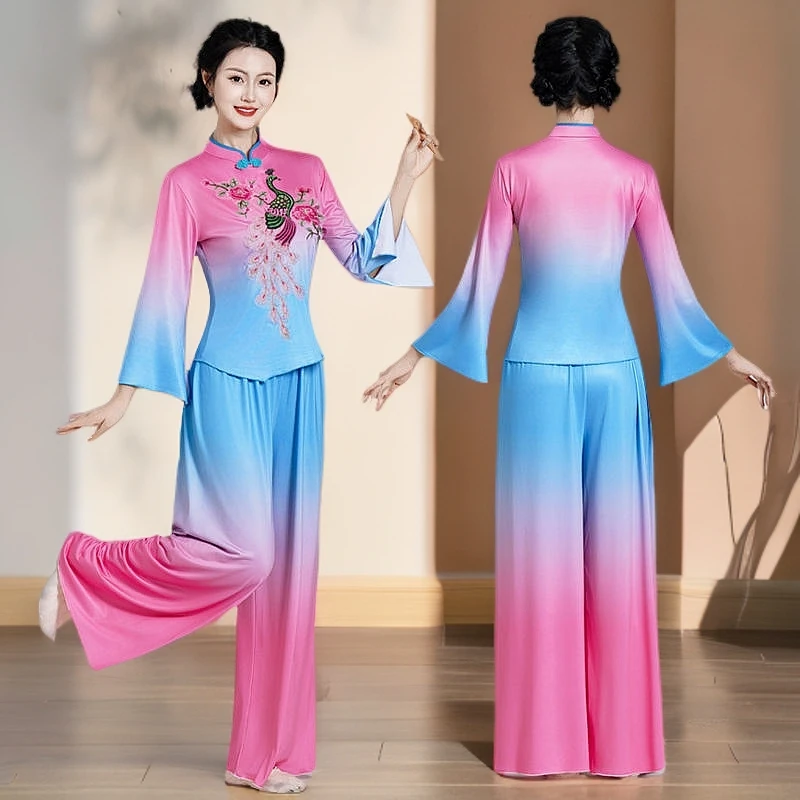 秧歌舞服装新款跳舞长裤套装长袖七分袖套装演出服装牛奶丝中老年