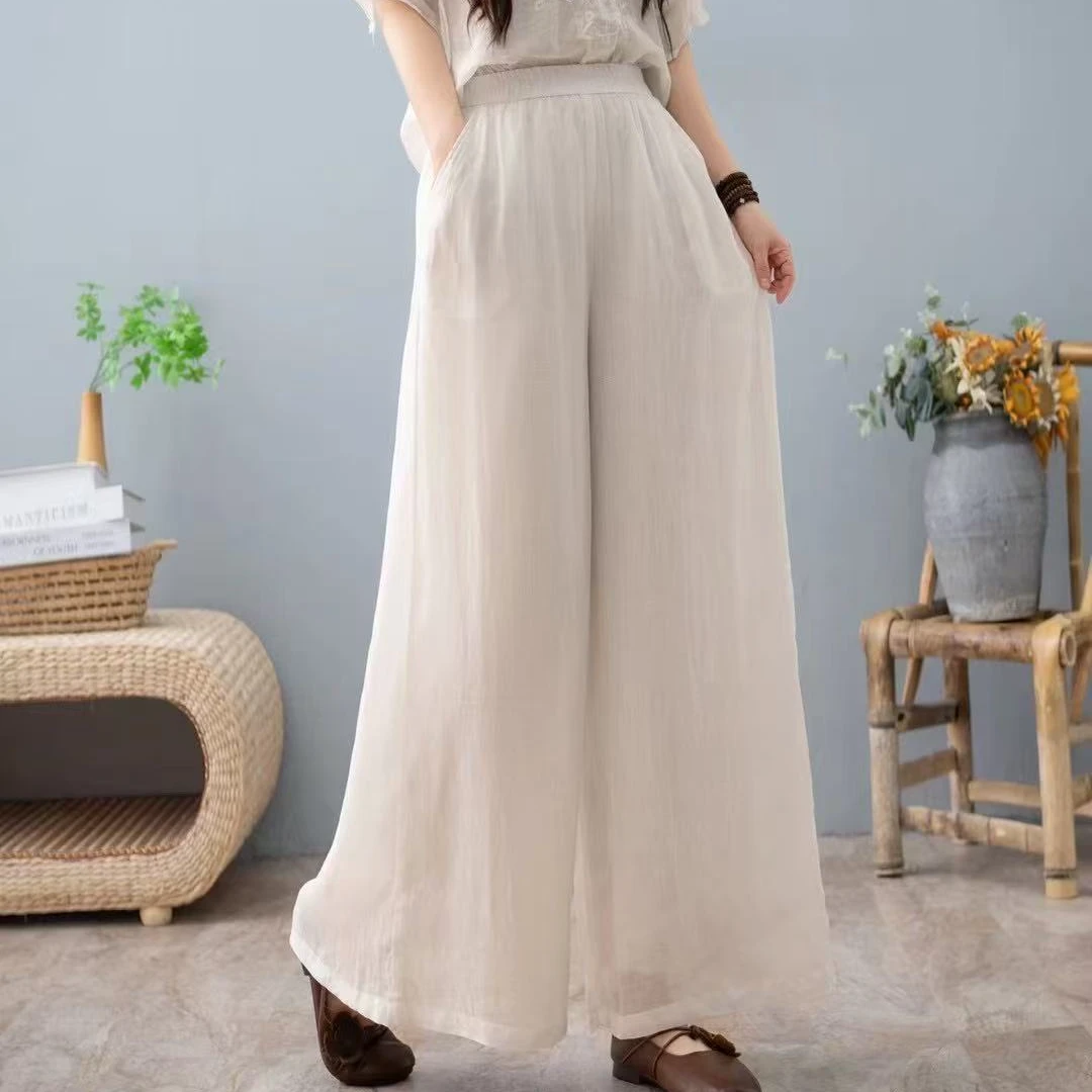 2025夏季新款复古文艺苎麻双层禅意阔腿裤宽松薄款中式休闲阔腿裤