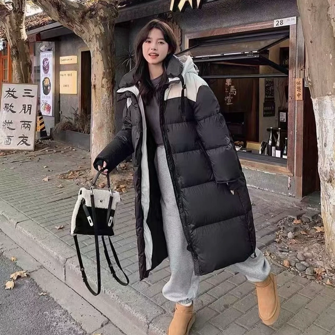 黑色长款羽绒服女2025冬新款韩系休闲学院风加厚连帽白鸭绒外套