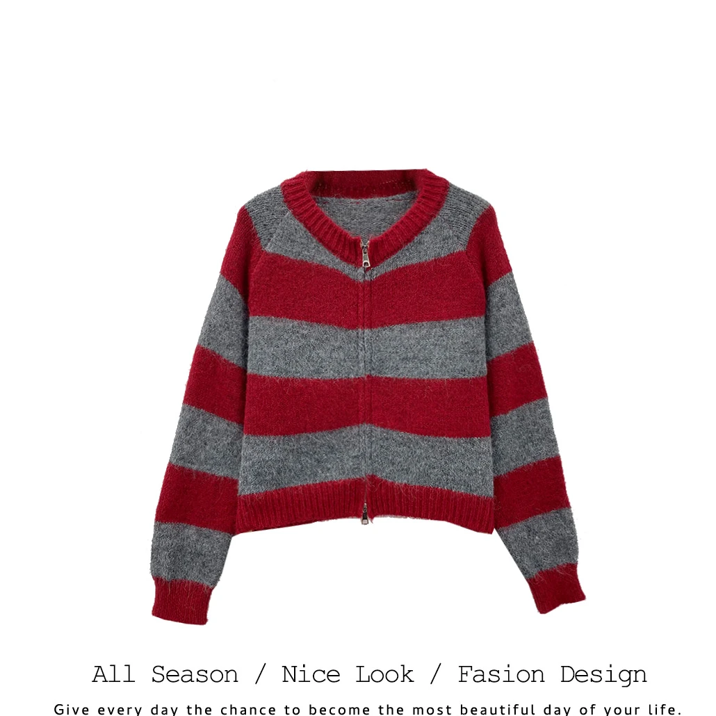 467   时尚红色拼接条纹撞色双头拉链圆领开衫长袖    款号#5967