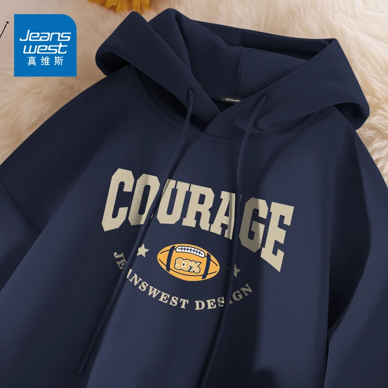 真维斯美式潮流休闲服装男宽松百搭藏青色连帽卫衣春秋情侣帽衫L