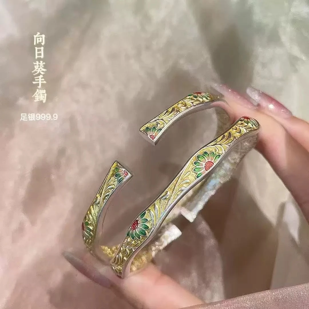 足银手镯 佳越银饰 足银999.9描金向日葵银手镯唐草纹纯银手镯