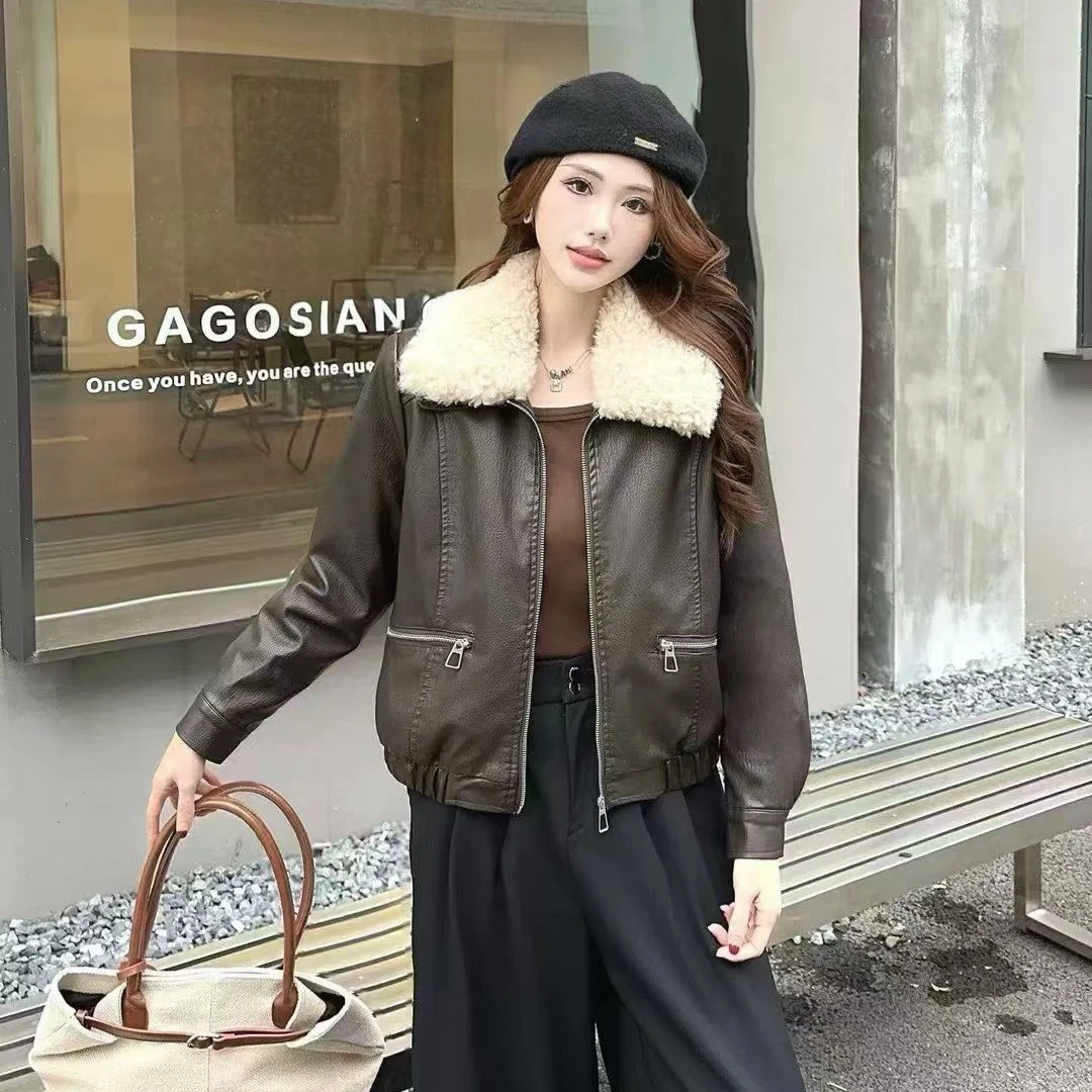 毛2025新款高级领短款口袋秋冬冬季少女风皮衣加厚网红加绒外套