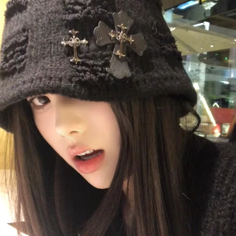 质感超好！正品废土做旧风十字架针织渔夫帽女秋冬显脸小毛线帽