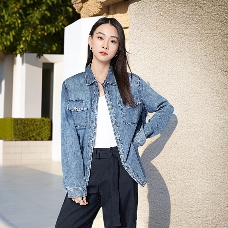 高品质牛仔衬衫女2025春正肩显瘦叠穿天丝棉垂感时尚百搭长袖衬衣