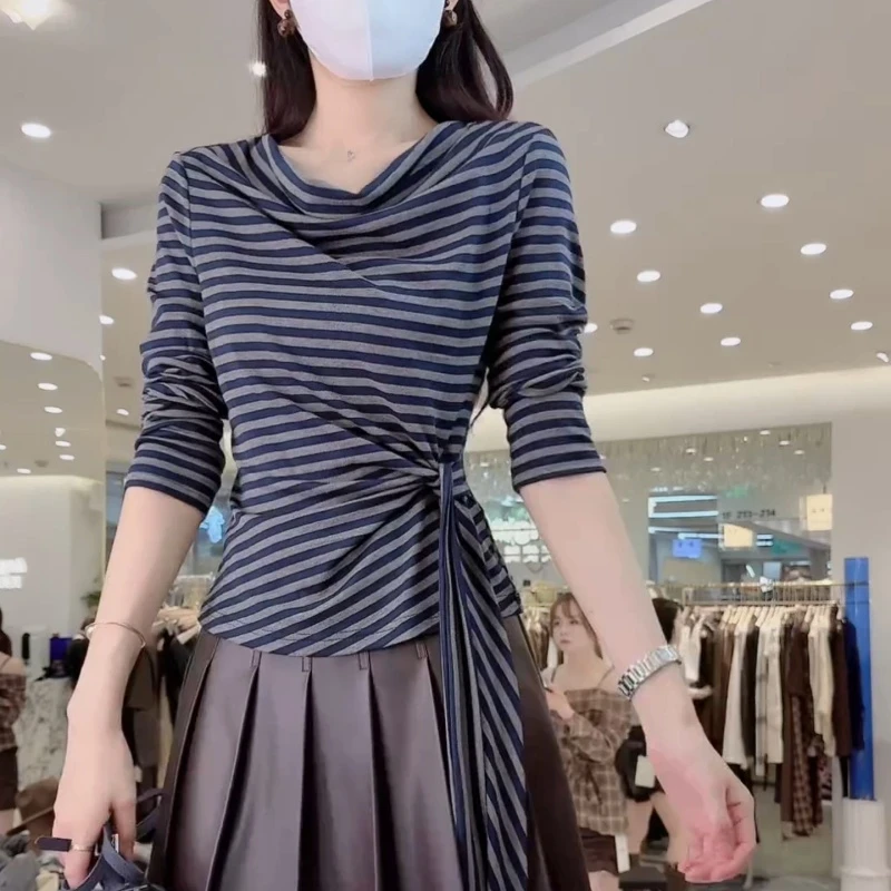 时尚洋气打底衫女2025秋季新款修身不规则T恤圆领条纹长袖上衣