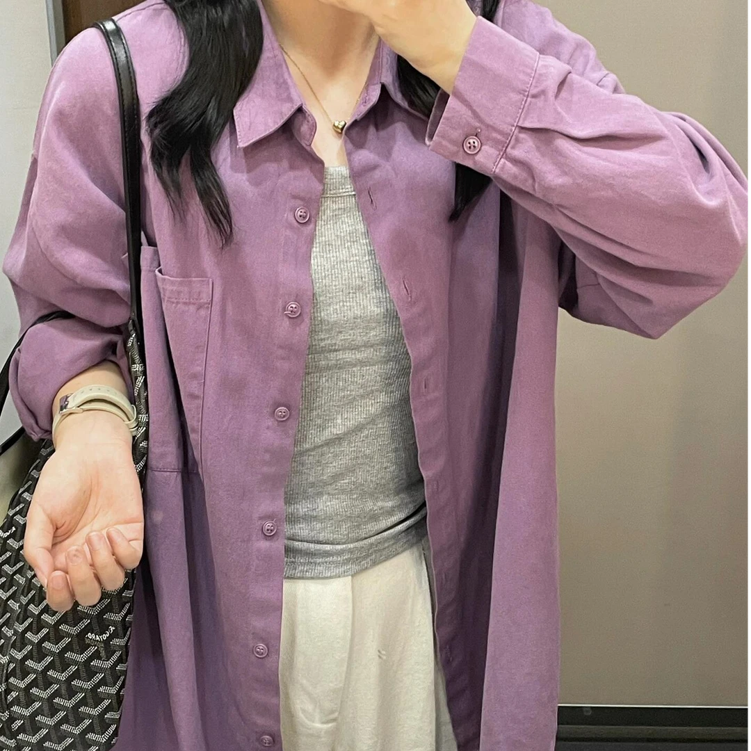 韩版紫色衬衣宽松休闲外穿叠穿上衣通勤设计感小众长袖内搭衬衣