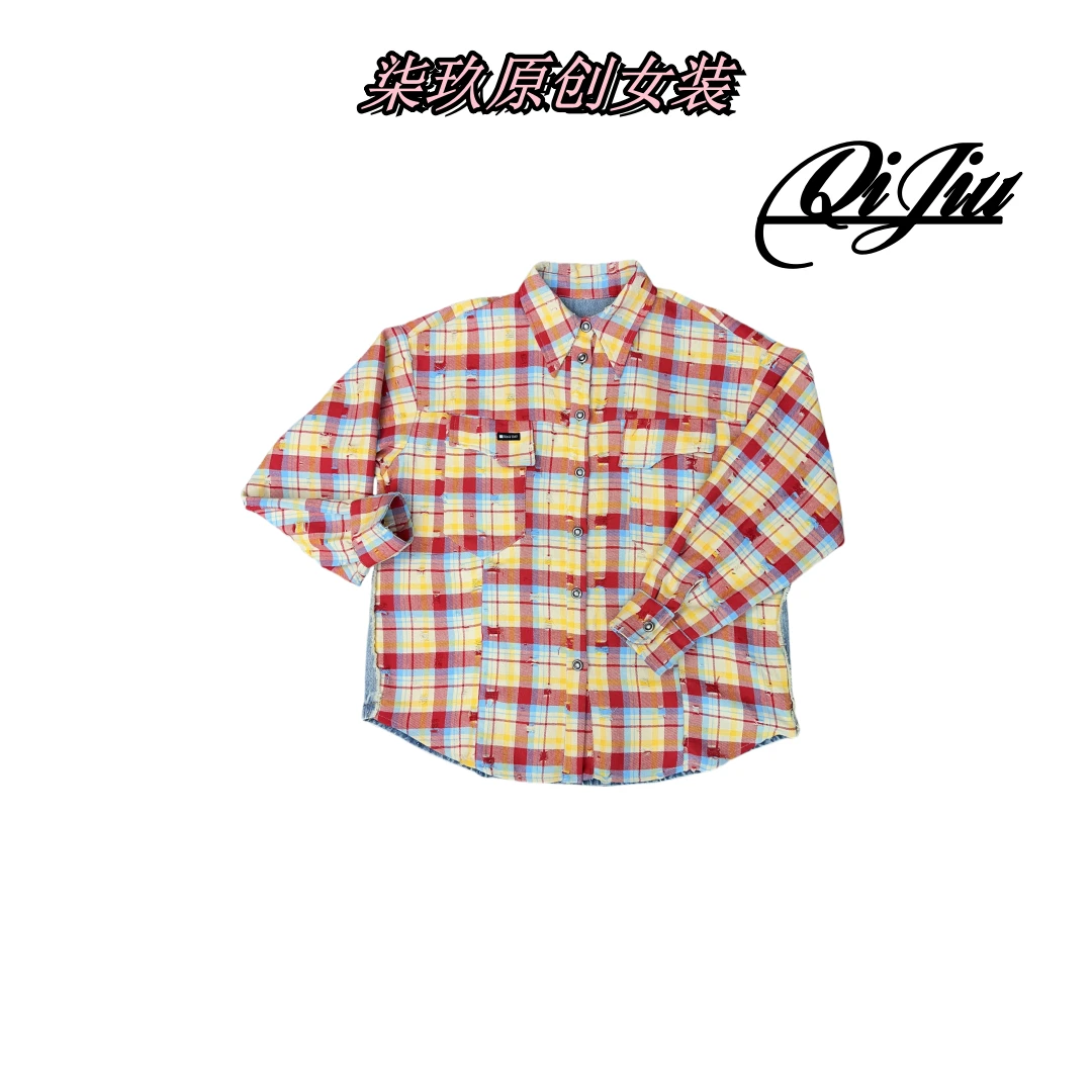 2025春夏新款25032红黄蓝格子破洞拼接衬衫